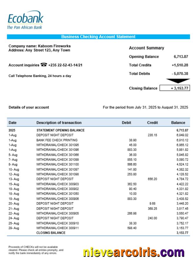 Chad Ecobank organization checking account statement